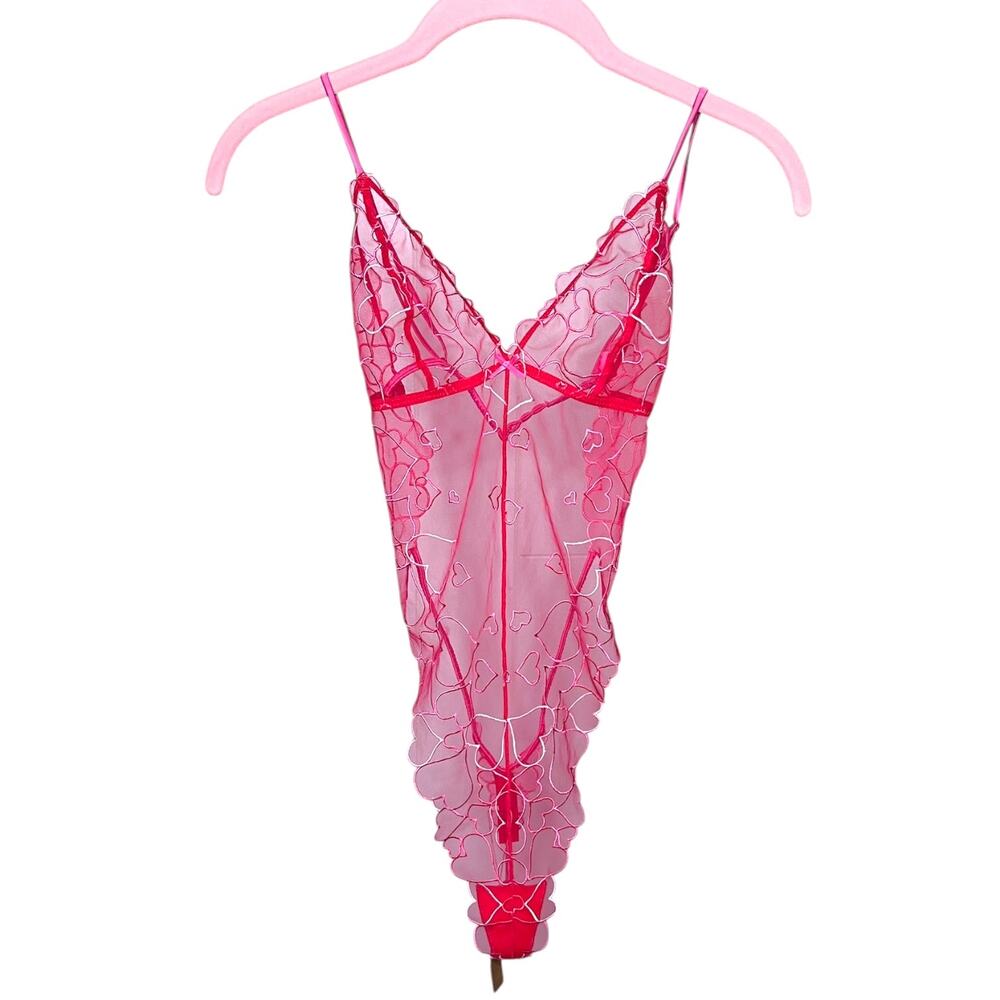 SKIMS Embroidered Hearts Tulle Teddy Punch Pink Size Small